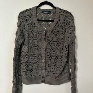 Jones New York Taupe Crochet Knit Button Front Cardigan Sweater Boho Open Knit L